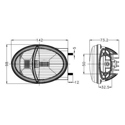 Oválny svetlomet s LED diódami je zobrazený v dvoch pohľadoch s rozmermi: 142 x 98 x 12 a 73.2 x 50 x 32.5 mm. Je znázornený s pripojením a vnútornou štruktúrou.