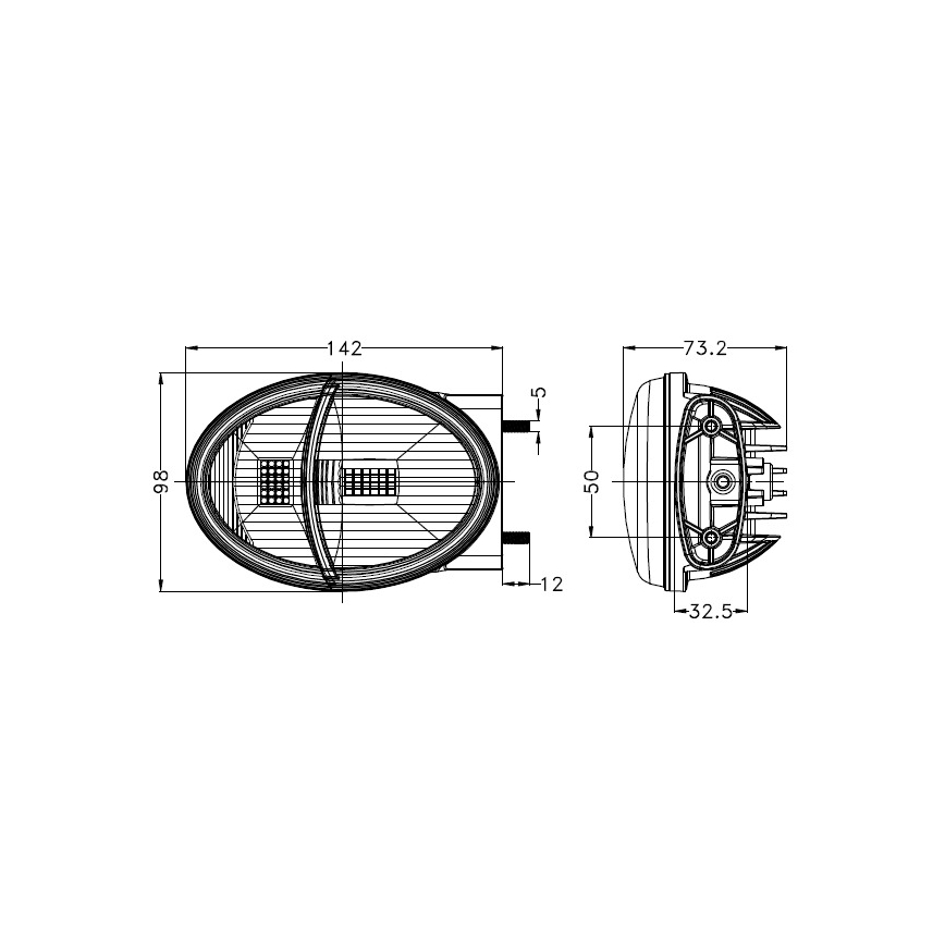 Oválny svetlomet s LED diódami je zobrazený v dvoch pohľadoch s rozmermi: 142 x 98 x 12 a 73.2 x 50 x 32.5 mm. Je znázornený s pripojením a vnútornou štruktúrou.