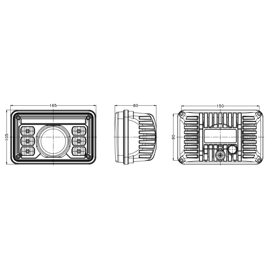 Svetlomet – zobrazené sú jeho rozmery (165 x 105 x 90 mm a 150 x 80 mm) v troch pohľadoch: spredu, z boku a zhora. Ilustrácia ukazuje technické detaily a rozmery.