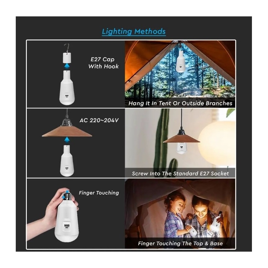 LED Prenosná solárna žiarovka 3v1 LED/7W/230V 3000K/4000K/6400K + USB nabíjanie