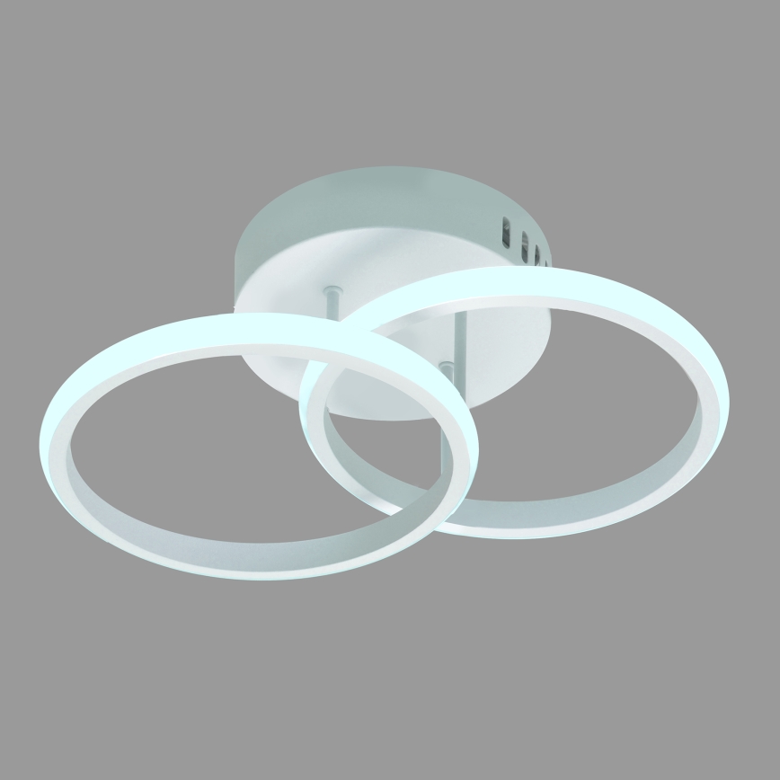 Svietidlo s dvoma prepletenými kruhovými LED prstencami je pripevnené k stropu. Svetlo vyžaruje z vnútornej strany prstencov. Celok je svetlosivo-biely.