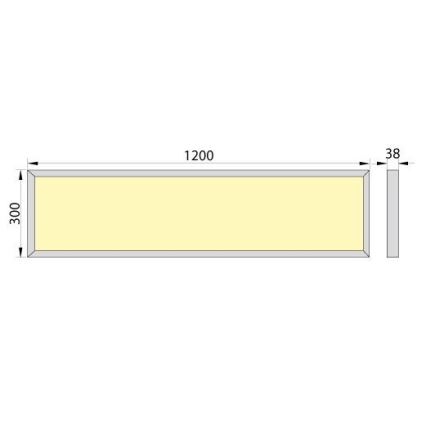 Obdĺžnikové svetlo s rozmermi 1200 x 300 mm je zobrazené v technickom výkrese. Vedľa neho je menší obdĺžnik s rozmerom 38 mm. Celý výkres zobrazuje rozmery svetelného zdroja.