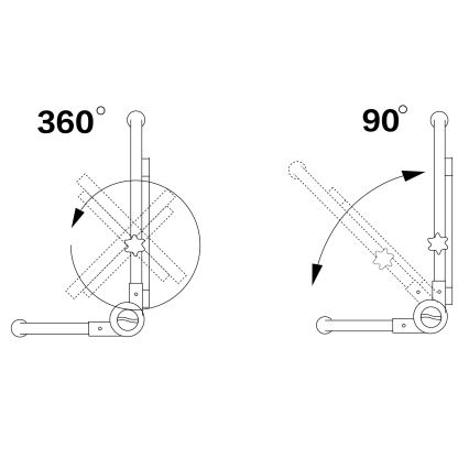 Kĺb sa otáča o 360° a 90°. Ilustračné schéma zobrazuje jeho pohyb a mechanizmus. Súčasťou sú dve páky a otočný čap.