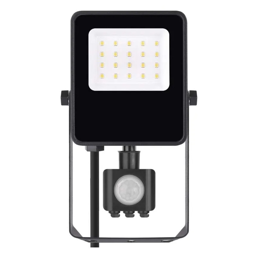 LED reflektor s čidlom pohybu osvetľuje okolie. Má štvorcový tvar, čiernu farbu a je vybavený mnohými LED diódami. Je pripojený k drôtu a namontovaný na kovovom držiaku.