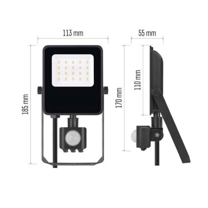 LED svetlo s pohybovým senzorom je zobrazené v dvoch uhloch s rozmermi: 185 x 113 x 170 mm a 110 x 55 mm. Svetlo má čelný panel s viacerými LED diódami.