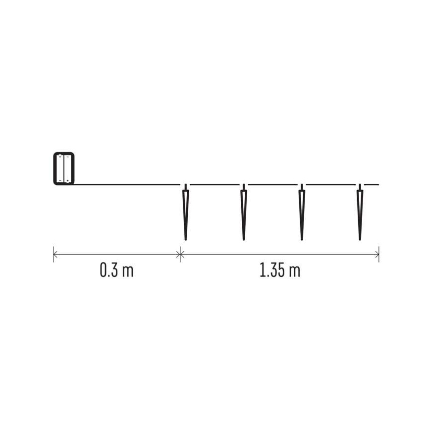 Schéma zobrazuje svetelný rad s rozmermi 0,3 m a 1,35 m. Štyri hroty fixujú kábel so zdrojom napätia.