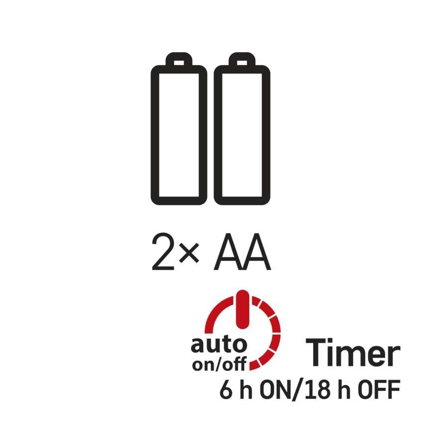 Dve AA batérie napájajú zariadenie. Zariadenie disponuje automatickým vypínaním a časovačom s nastavením 6 hodín zapnuté/18 hodín vypnuté.