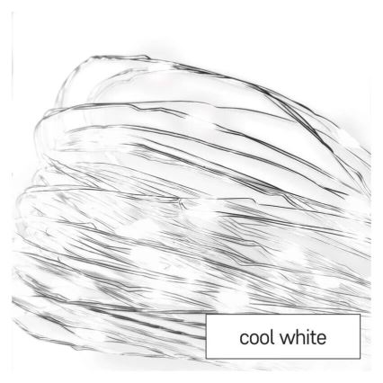 Svetelný reťaz leží zložený na bielom pozadí. Svetlá sú chladnej bielej farby, ako je uvedené v texte „cool white“.