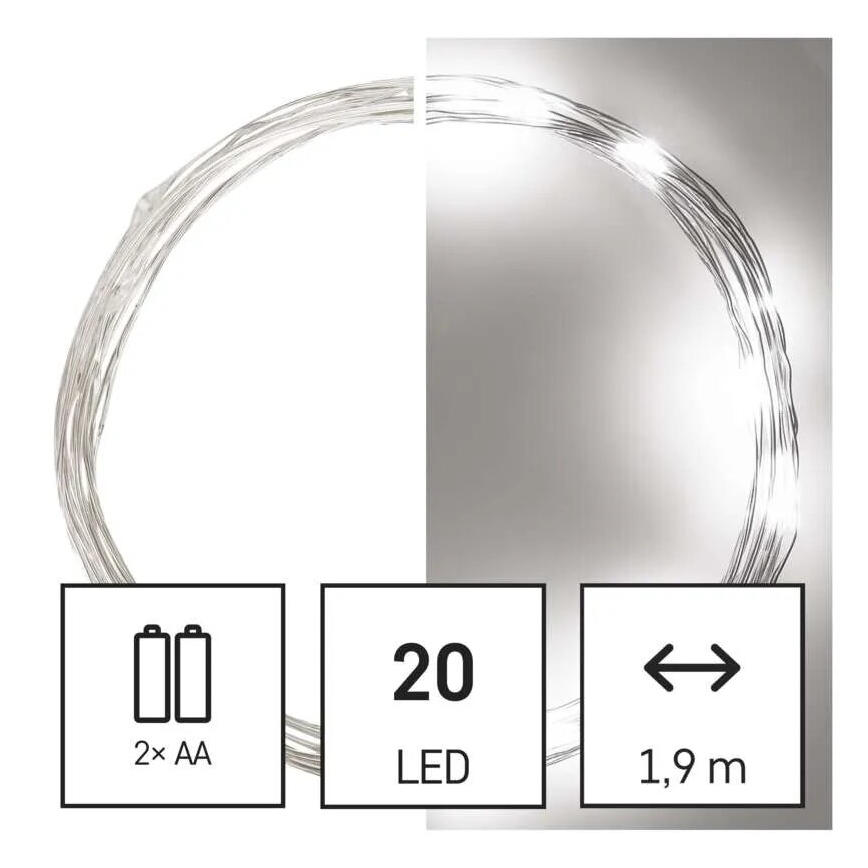 Svetlený drôt s 20 LED diódami svieti. Je dlhý 1,9 m a napájaný dvomi AA batériami.