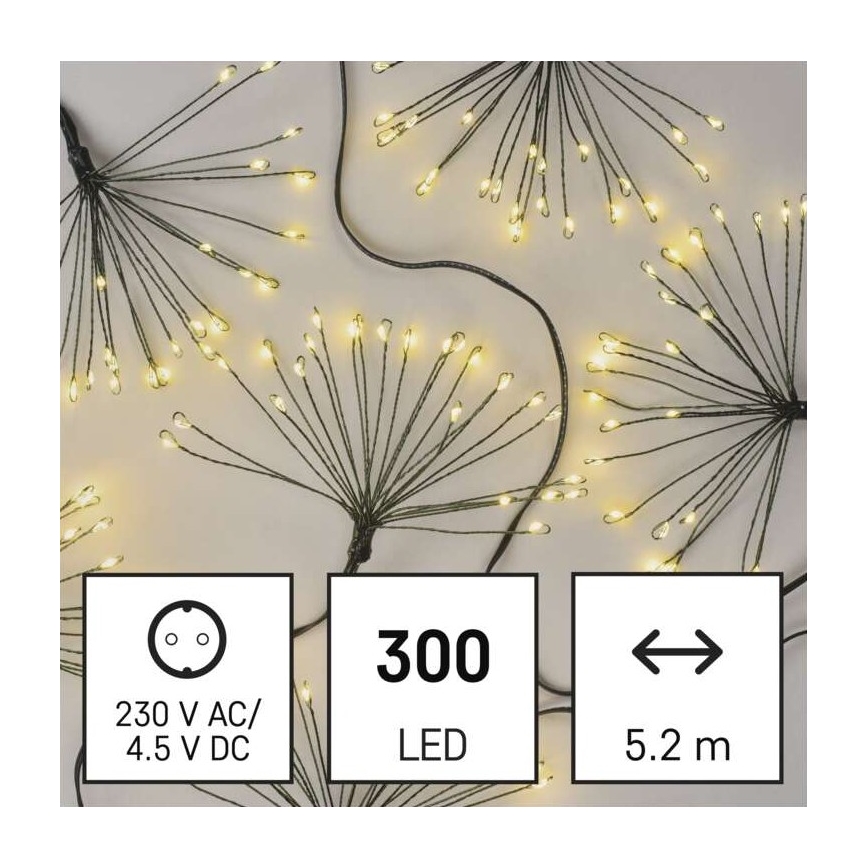LED reťaz 300 × LED, 5,2+3 m, teplá biela