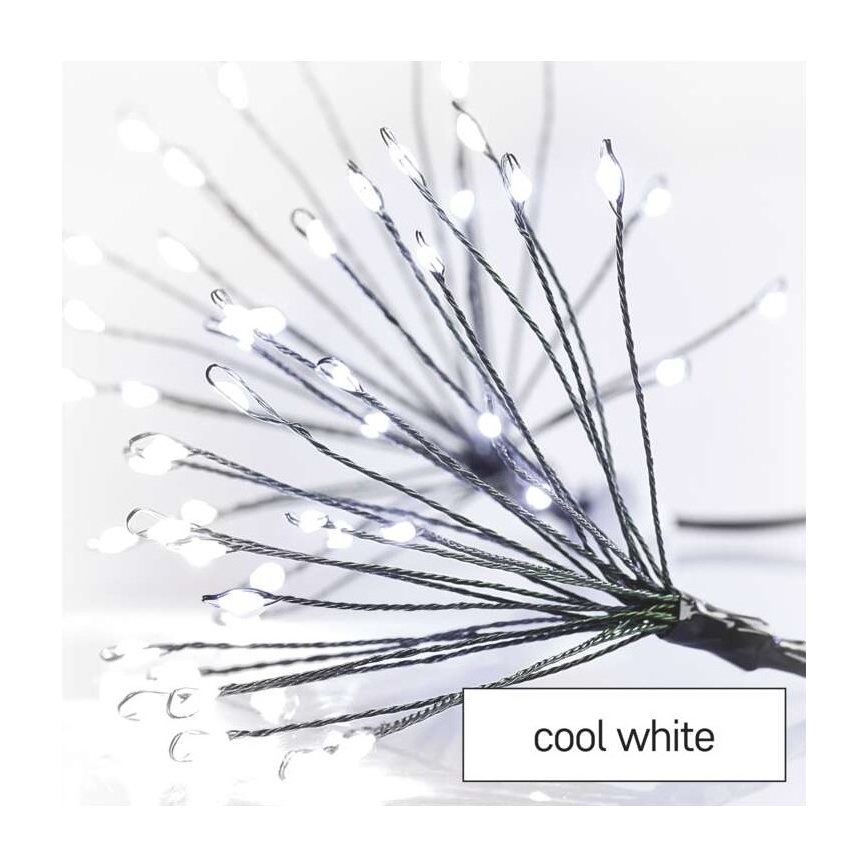 Svetlá s mnohými tenkými drôtikmi, na ktorých sú malé LED diódy, svietia. Svietia na bielu farbu označenú ako „cool white“. Sú na svetlom pozadí.