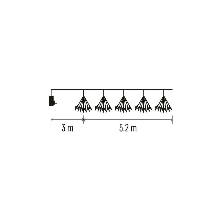 Svetelná reťaz s piatimi zhlukmi svetiel visí z drôtu. Dĺžka svetiel je 5,2 m, kábel má dĺžku 3 m. Súčasťou je sieťový adaptér.