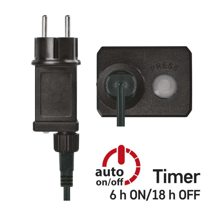 Sieťový adaptér s vypínačom a časovačom. Adaptér má európsku zástrčku a zelený kábel. Časovač je nastavený na 6 hodín zapnutý/18 hodín vypnutý.