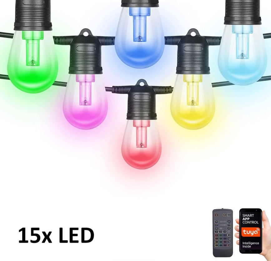 LED RGB+CCT Stmievateľná vonkajšia reťaz GIRLANDA 15xLED/1W/230V 15m Wi-Fi Tuya IP65 + diaľkové ovládanie