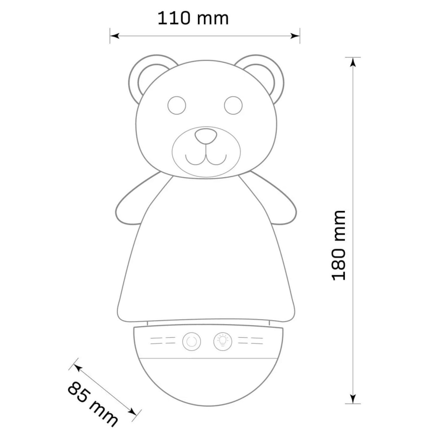 Medvedík v tvare lampy s rozmermi 110 mm x 180 mm x 85 mm. Na spodku má tri tlačidlá.