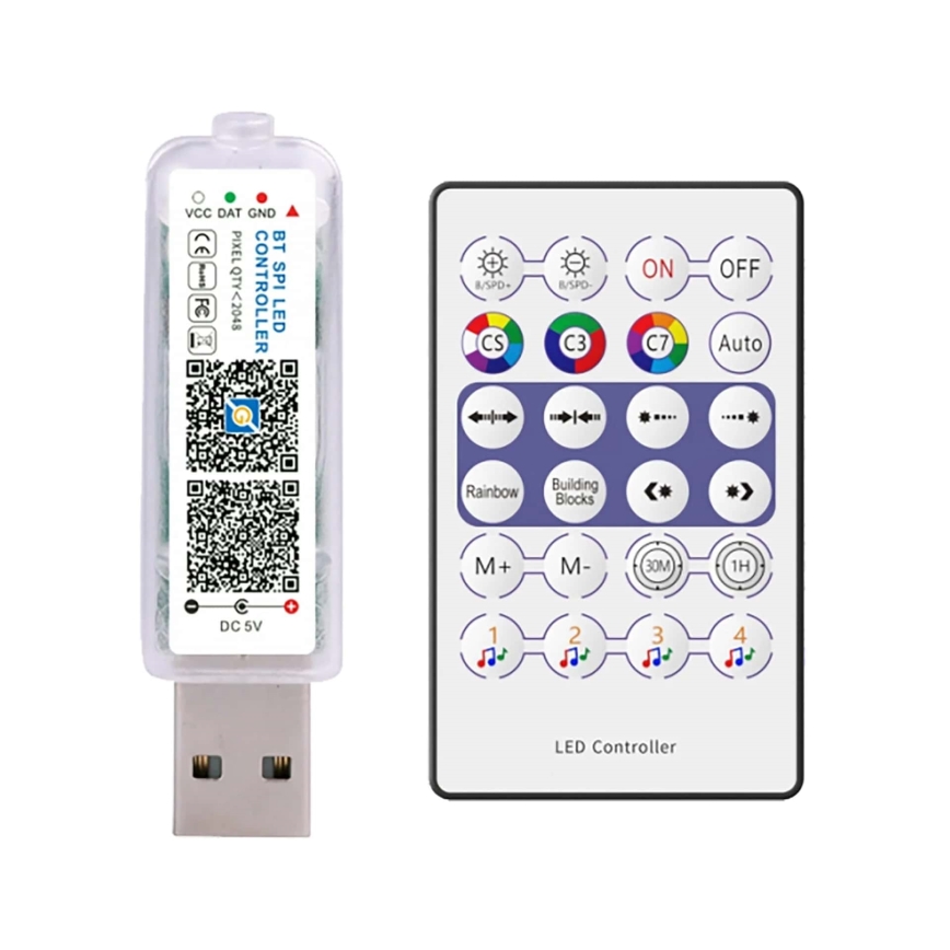 USB LED ovládač s označením „BT SPI LED CONTROLLER“, PIXEL QTY2048, riadi LED diódy pomocou diaľkového ovládania s funkciami zapínania/vypínania, výberom farieb, režimov a časovača. Na diaľkovom ovládači je nápis „LED Controller“.
