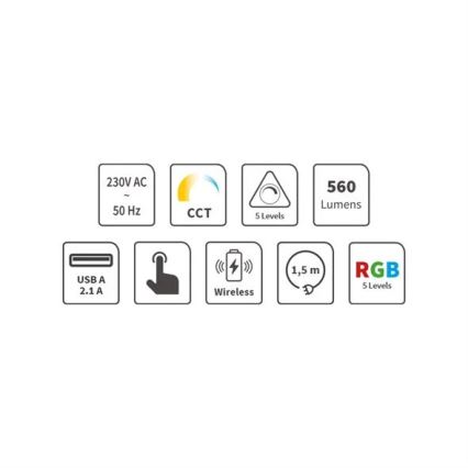LED RGB Stmievateľná nabíjacia dotyková stolná lampa s bezdrôtovým nabíjaním LED/7,5W/5V 2700-5300K biela