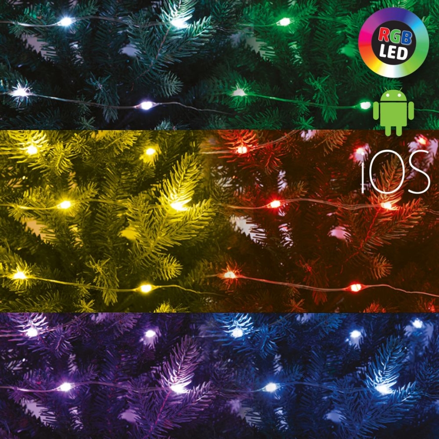 LED svetielka rôznych farieb sú omotané okolo umelých vianočných stromčekov. Svietia v zelenej, žltej, červenej, fialovej a modrej farbe. Kompatibilné s Android a iOS. RGB LED.