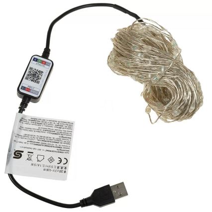 LED svetelný pás s USB konektorom je zvinutý. Pás je pripojený k riadiacej jednotke s QR kódom a vstupom 5V/DC. Jednotka obsahuje text s technickými údajmi a označeniami.