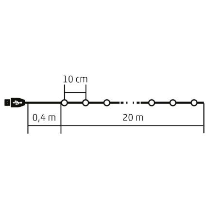 LED pásik s USB konektorom na jednom konci má dĺžku 20 metrov. Na začiatku je 0,4 m dlhý kábel s USB konektorom. Na pásiku je niekoľko LED diód, usporiadaných v skupinách po dvoch. Vzdialenosť medzi dvoma skupinami je 10 cm.