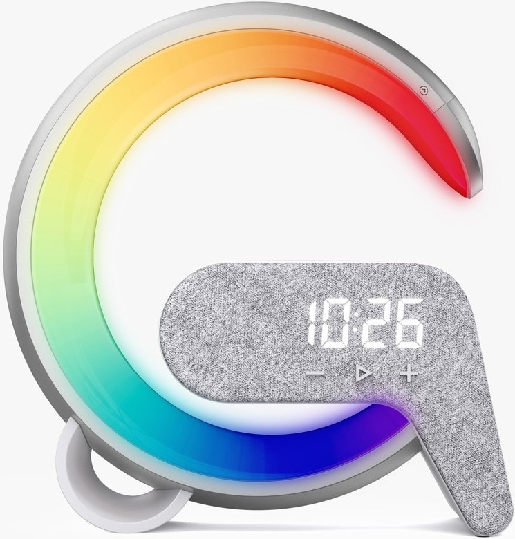 LED RGB Stmievateľná stolná lampa s budíkom a Qi nabíjaním 30W/230V strieborná