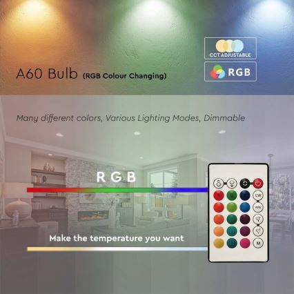 LED RGB Stmievateľná žiarovka A60 E27/8,5W/230V 4000K + diaľkové ovládanie
