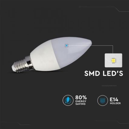 LED žiarovka tvaru sviečky s objímkou E14, svieti, úspora energie 80%. Používa SMD LED diódy.