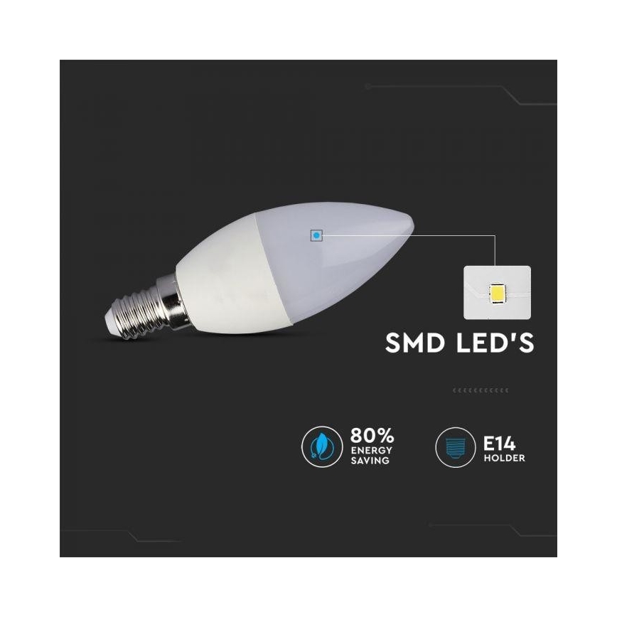 LED žiarovka tvaru sviečky s objímkou E14, svieti, úspora energie 80%. Používa SMD LED diódy.
