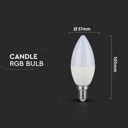 Svietidlo tvaru sviečky, RGB LED žiarovka, je zobrazené na tmavom pozadí s rozmermi Ø 37 mm a 100 mm. Text: CANDLE RGB BULB.