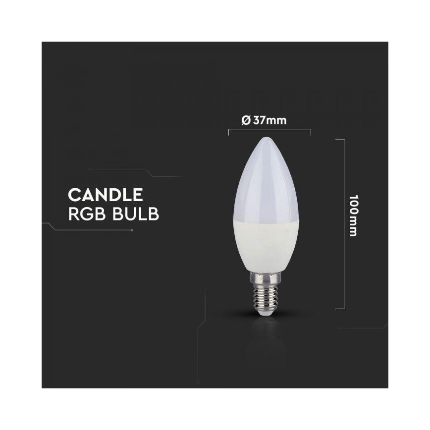 Svietidlo tvaru sviečky, RGB LED žiarovka, je zobrazené na tmavom pozadí s rozmermi Ø 37 mm a 100 mm. Text: CANDLE RGB BULB.