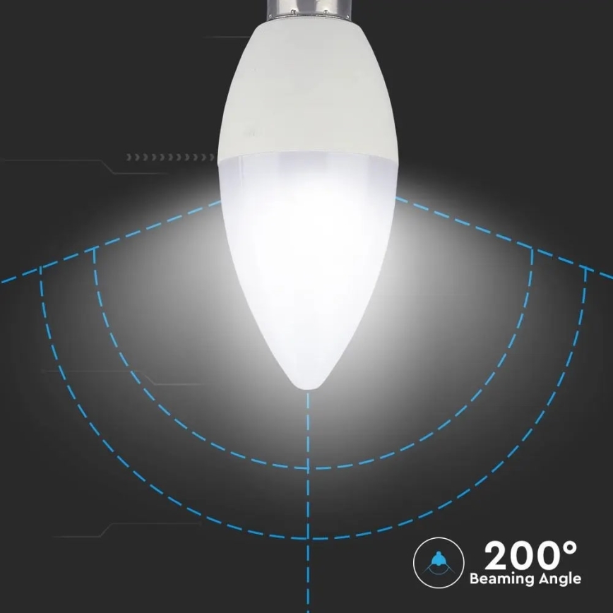 LED žiarovka tvaru kvapky svieti na tmavom pozadí. Je zobrazený rozsah jej svetelného lúča – 200°.