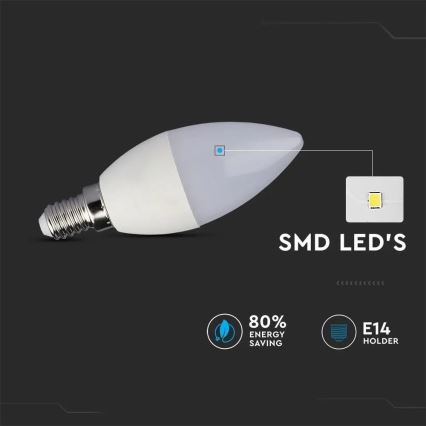 LED žiarovka tvaru sviečky s objímkou E14, svieti, je zobrazená na tmavom pozadí. Používa SMD LED diódy s 80% úsporou energie.