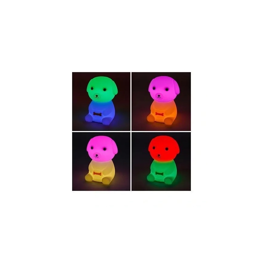 Štyri malé svietiace lampičky v tvare šteniatka, vyobrazené v rôznych farbách. Každé šteniatko drží kostičku. Lampičky svietia v rôznych farebných odtieňoch: zelenej, ružovej, fialovej a červenej.