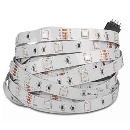 LED pásik je stočený do špirály. Na pásiku sú viditeľné diódy RGB a označenia +12V, G, R, B. Koniec pásika je zakončený konektorom.