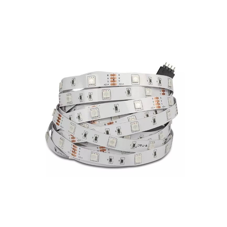 LED pásik je stočený do špirály. Na pásiku sú viditeľné diódy RGB a označenia +12V, G, R, B. Koniec pásika je zakončený konektorom.