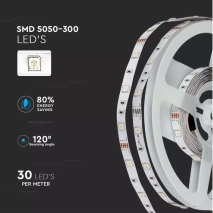 LED pásik SMD 5050-300 je navinutý na cievke. Pásik obsahuje 30 LED diód na meter, má uhol lúča 120° a dosahuje 80% úsporu energie.