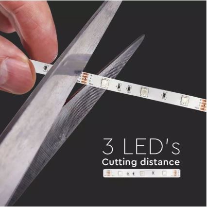 LED pásik sa strihá nožnicami. Rez sa vykonáva po troch LED diódach. Text na obrázku: 3 LED's Cutting distance.