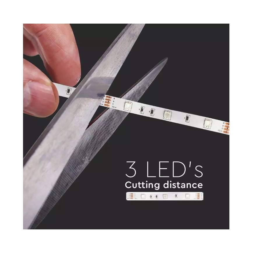 LED pásik sa strihá nožnicami. Rez sa vykonáva po troch LED diódach. Text na obrázku: 3 LED's Cutting distance.