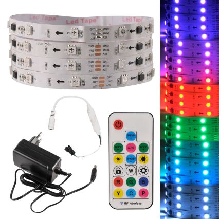 LED pásky s RGB diódami sú zobrazené zložené a rozložené. Pásky sa ovládajú diaľkovým ovládačom s funkciami pre režimy, rýchlosť a farby (R, G, B, Y, C, P, W). Súčasťou je aj napájací adaptér.