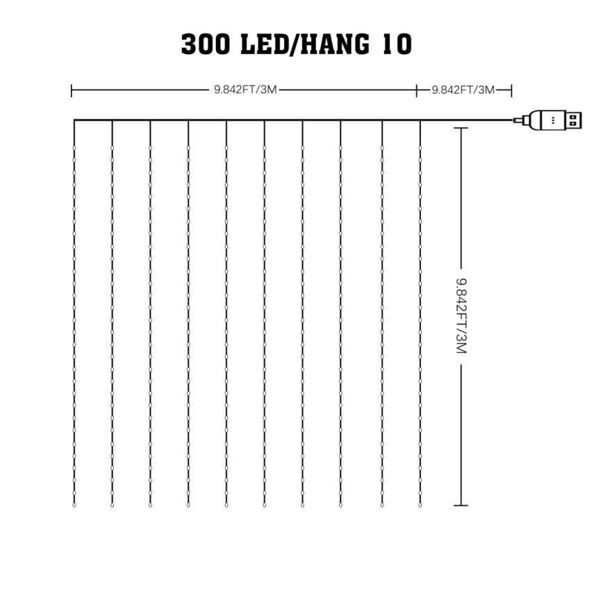 LED RGB Stmievateľný vianočný záves WIZARD 300xLED/USB 3x3m + diaľkové ovládanie