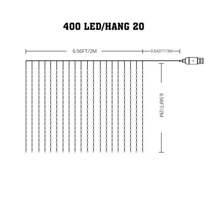 LED svetelný záves s 400 LED diódami, rozmermi 2m x 3m a USB konektorom na napájanie. Záves je znázornený schematicky s vertikálne zavesenými LED diódami.
