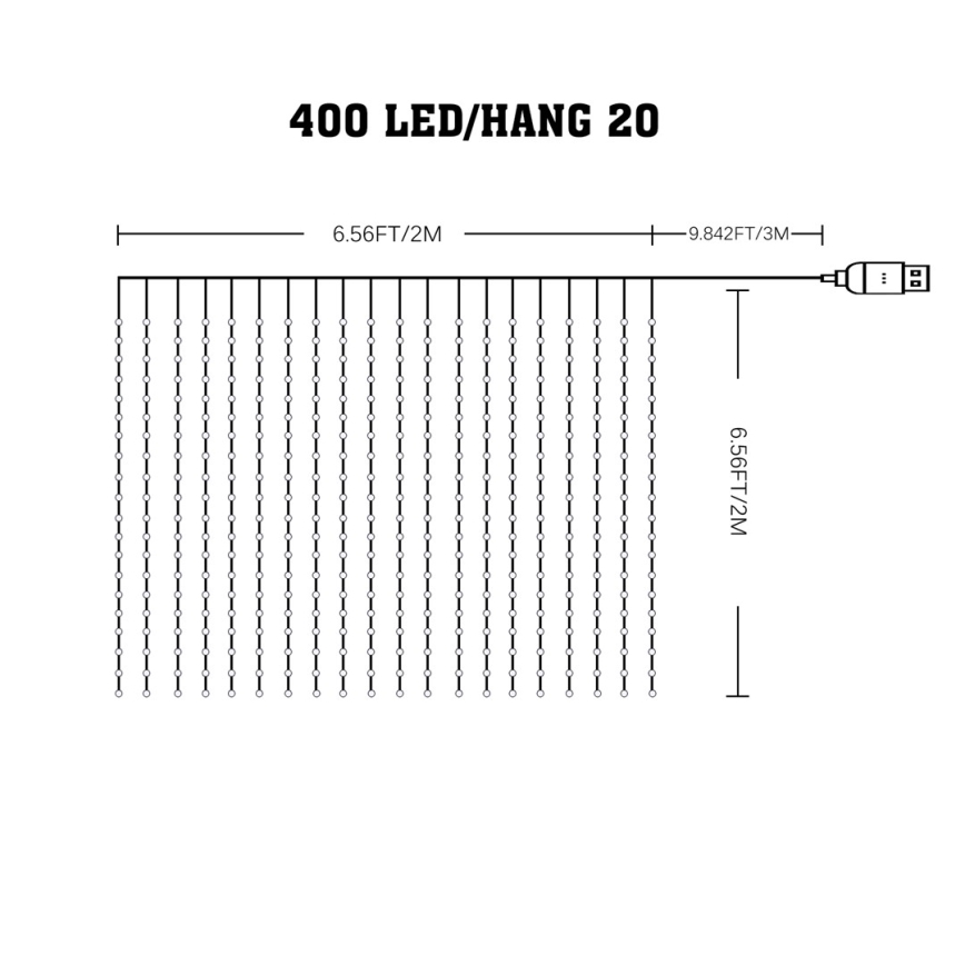 LED svetelný záves s 400 LED diódami, rozmermi 2m x 3m a USB konektorom na napájanie. Záves je znázornený schematicky s vertikálne zavesenými LED diódami.