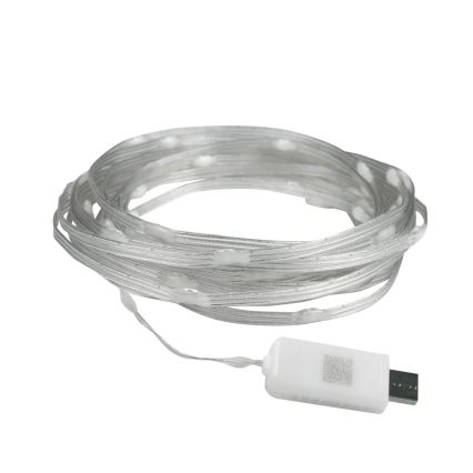 LED pásik je stočený do kruhu. Je pripojený k malému bielemu USB konektoru. Pásik obsahuje malé LED diódy.