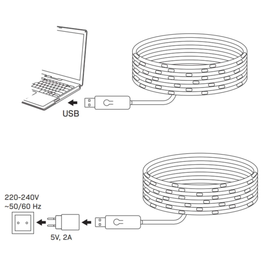 LED pásik sa pripája k notebooku cez USB alebo k sieťovej zásuvke (220-240V, ~50/60 Hz) pomocou adaptéra (5V, 2A). Pásik je zrolovaný.