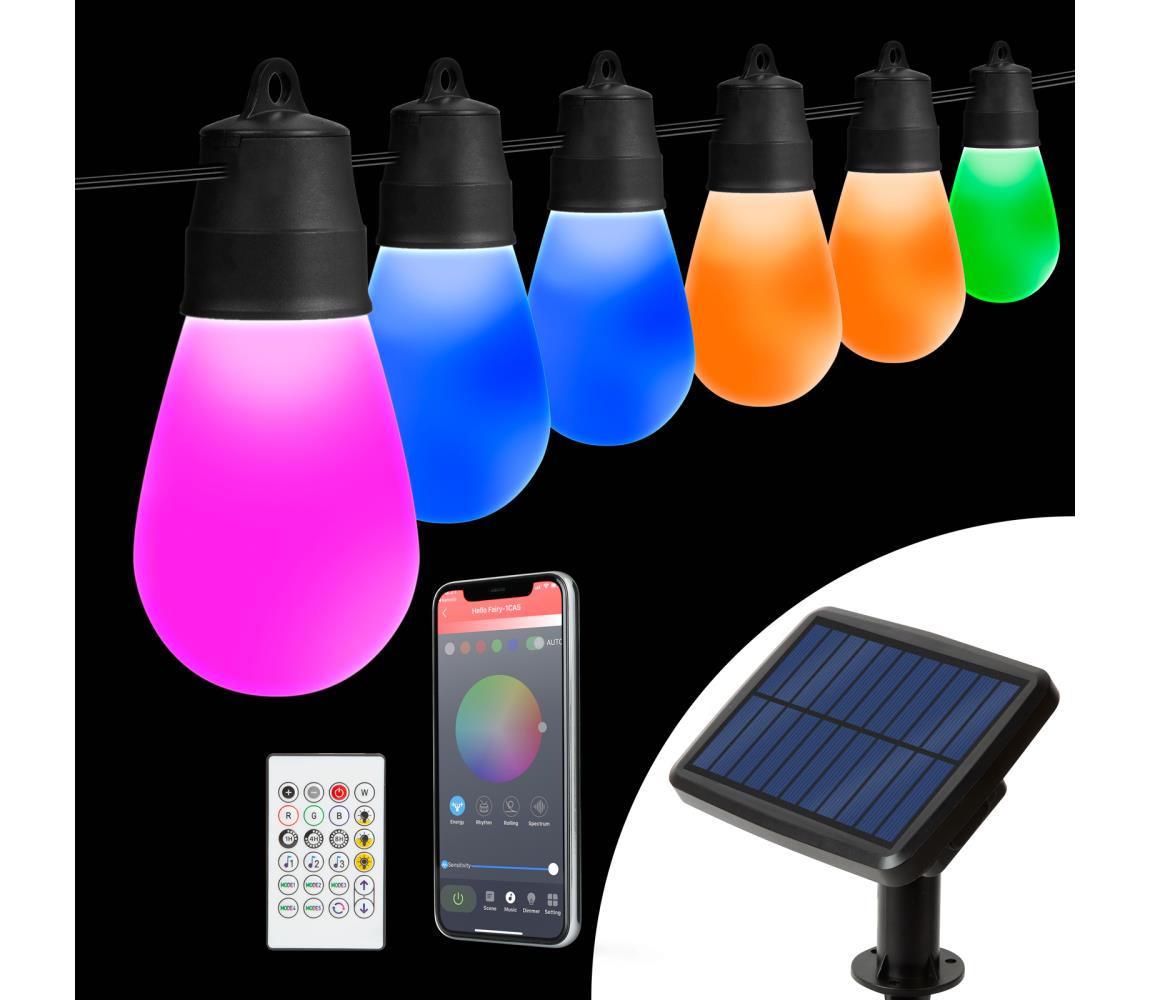 LED RGBIC Solárny reťaz 30xLED/1,3W/3,7V 2200 mAh 14,37 m IP65 čierna + diaľkové ovládanie 11747