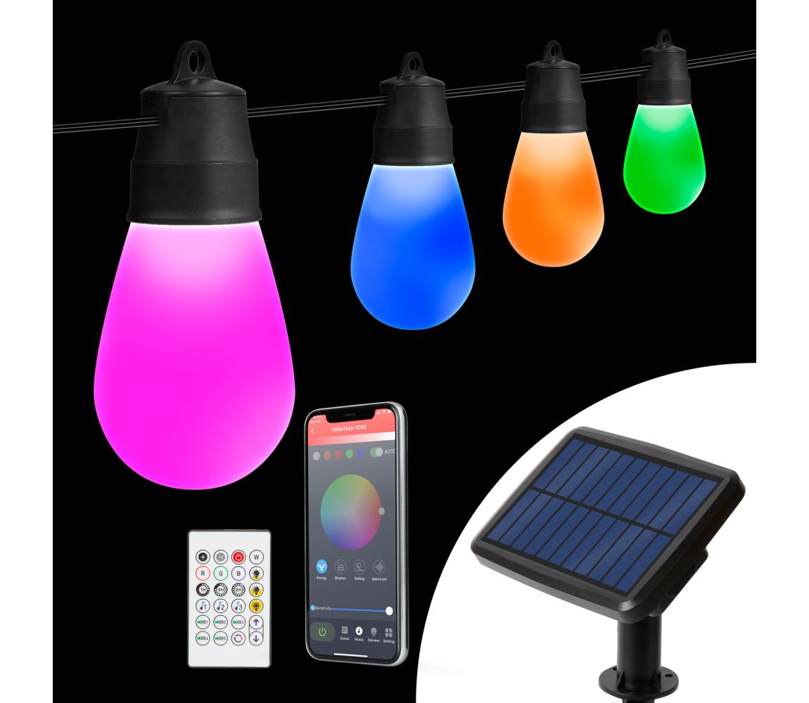 LED RGBIC solárny reťazec 15xLED/1,3W/3,7V 2200 mAh 8 m IP65 čierny + diaľkové ovládanie 11746