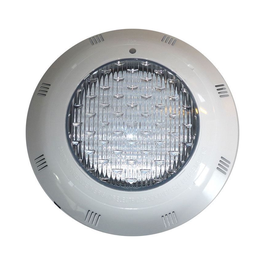 Bazénové LED svetlo svieti. Je to okrúhle, svetlosivé s priehľadným sklom cez diódy. Svetlo je určené na osvetlenie bazéna.