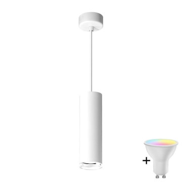 LED RGBW stlmiteľný kúpeľňový luster na lanku TURYN 1xGU10/4,8W/230V 3000K IP44 biela + diaľkové ovládanie