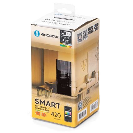 LED RGBW Stmievateľná žiarovka FILAMENT ST64 E27/4,9W/230V 2700-6500K Wi-Fi - Aigostar