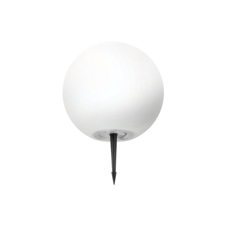 Biela guľová lampa je umiestnená na čiernom kovovom kolíku, ktorý slúži na zapichnutie do zeme. Lampa je zrejme určená pre vonkajšie použitie.